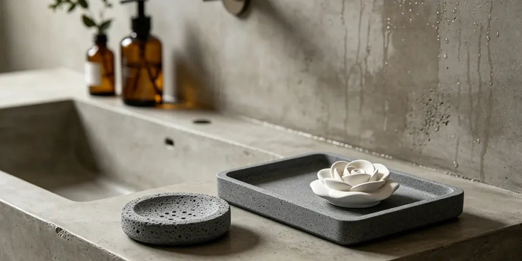 Hospitality gifts for Aesop US including a circular diatomaceous earth soap tray, a rectangular organizer tray, and a camellia flower ceramic aroma stone on a concrete washbasin.