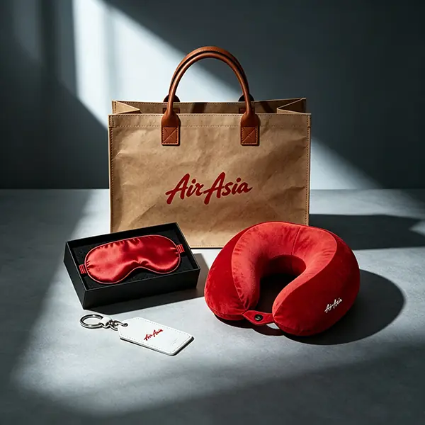 A custom AirAsia corporate anniversary milestone gift set, featuring an eco-friendly craft paper tote bag with red handles, a heavy-silk red sleep mask in a matte black gift box, a plush crimson U-shaped travel pillow, and a white leather luggage tag with red branding, all arranged neatly on a grey concrete tabletop illuminated by dramatic cinematic window-grid daylight.