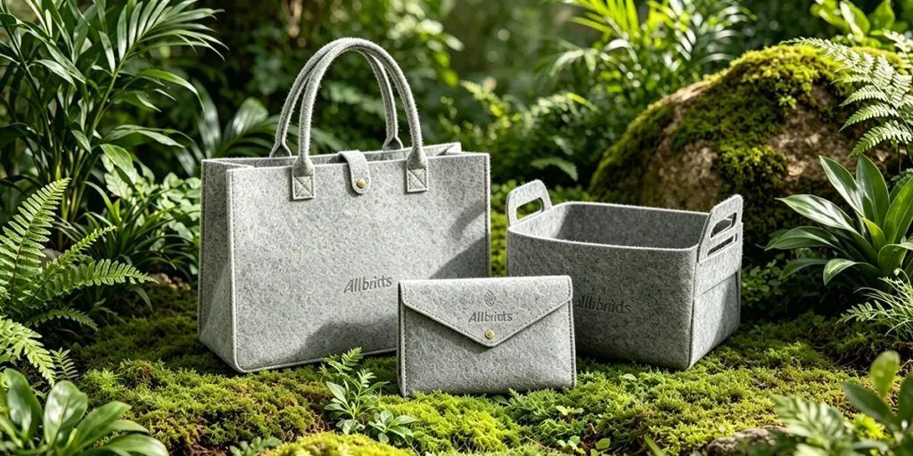 Corporate event gifts for Allbirds showcasing a grey recycled felt tote bag, envelope pouch, and geometric storage basket on an organic green moss background.