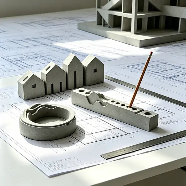 A Bauhaus-inspired corporate anniversary gift set for leading architecture design studios, showcasing an integrated raw concrete cube penholder with natural air pores, a laser-etched triangular stainless steel scale ruler, and a heavy matte black blueprint tube, organized on a white drafting table strewn with engineering drawings and architectural models.