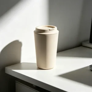Sleek 14oz biodegradable bamboo fiber coffee tumbler in an elegant cream-white matte finish, sitting on a modern minimalist office desktop with strong single-sided natural light.