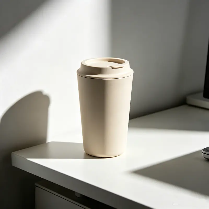 Sleek 14oz biodegradable bamboo fiber coffee tumbler in an elegant cream-white matte finish, sitting on a modern minimalist office desktop with strong single-sided natural light.