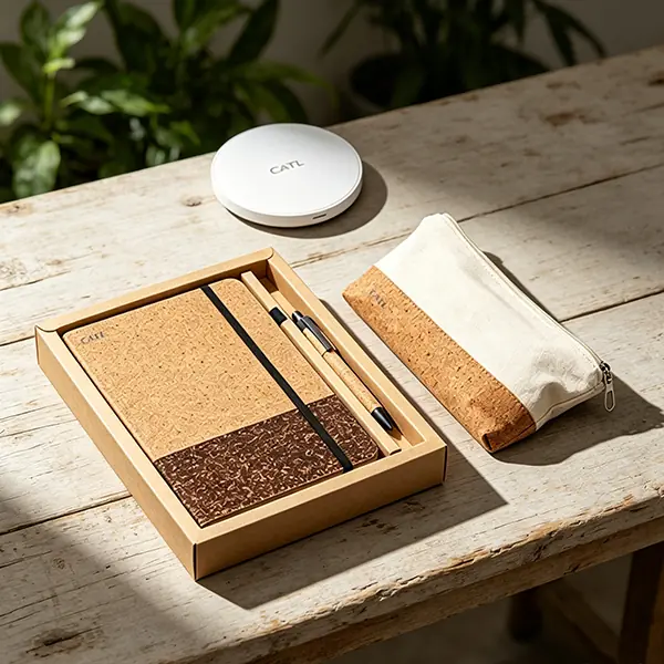 A premium corporate milestone gift set for CATL renewable energy company, displaying a natural cork modular wireless charging pad, a stationery set with coffee grounds recycled paper notebooks and cork pens, and a cork-paneled pencil case, arranged on a rugged wooden table with blurred green foliage backgrounds.