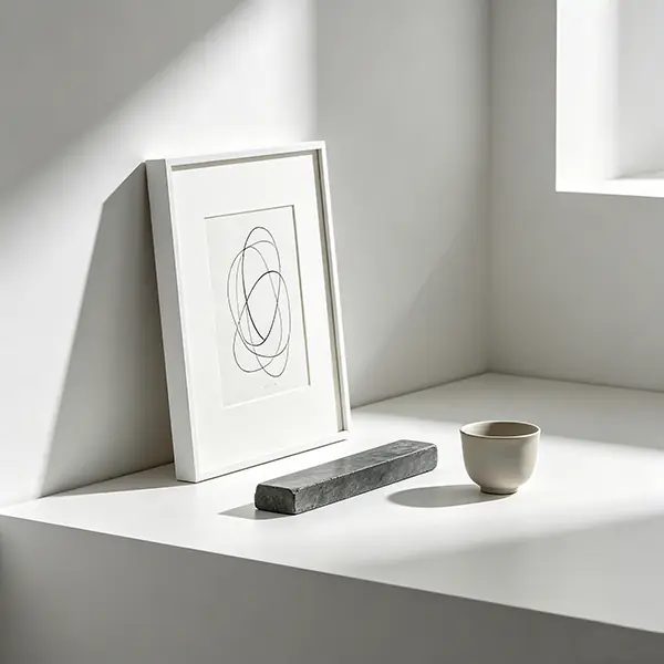 A gallery-grade corporate anniversary gift set designed for art consultancies, featuring a minimalist abstract line drawing in a white frame, an architecturally styled stone cuboid paperweight, and a minimalist matte white ceramic tea cup, laid out on a pure white gallery display surface with clean architectural shadow lines.