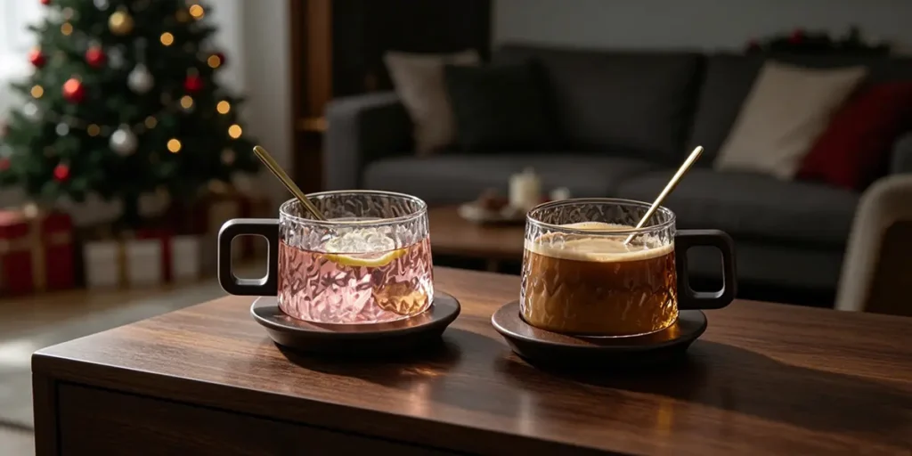 A high-end winter holiday care gift set featuring two luxury hammered-textured glass coffee mugs with sleek black geometric handles and golden stirring spoons—one filled with a clear pink lemon beverage and the other with rich hot coffee—placed on dark wooden saucers on a walnut side table, with a warmly lit Christmas tree and sofa blurred in a cozy living room background.