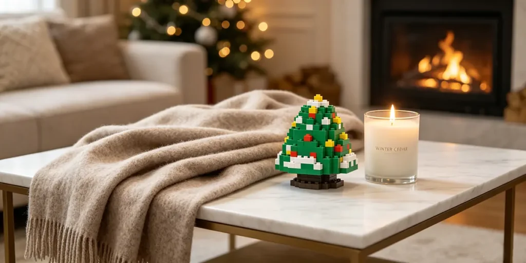 A deeply comforting year-end Christmas gift set featuring a thick, soft oatmeal-colored heavy wool shawl with fine fringe edges, a small green building-block miniature Christmas tree toy, and a white ceramic jar scented candle labeled "WINTER CEDAR" lit with a bright flame, neatly arranged on a white marble coffee table in front of a warm blazing fireplace and holiday tree.