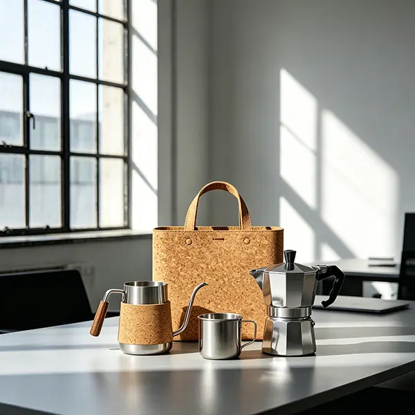 A craft coffee ritual anniversary gift scheme for creative studios, presenting a natural textured cork tote bag, an ergonomic stainless steel gooseneck kettle with a wooden handle accent, a matching cork-wrapped coffee server, an industrial steel mug, and a classic aluminum Moka pot, lit by bright daylight pouring through a black-framed loft window.