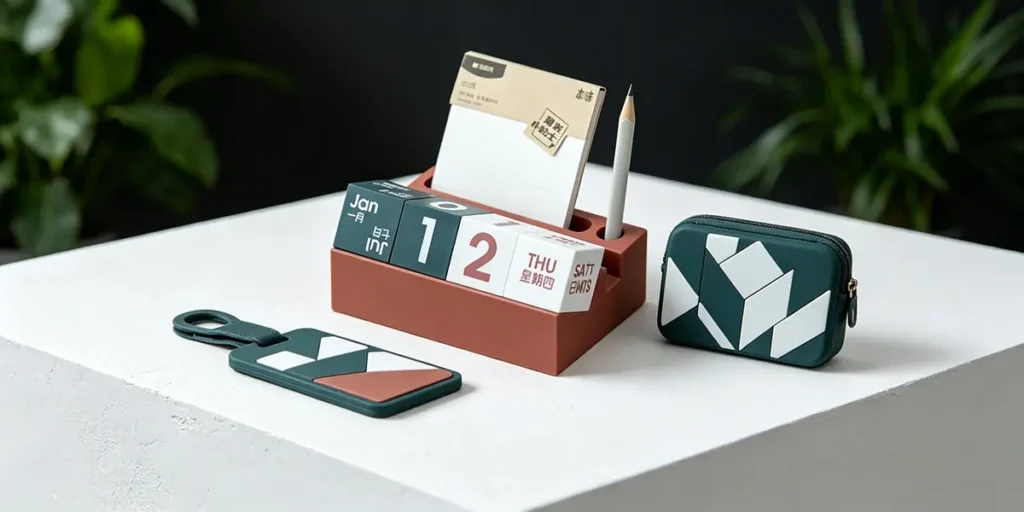 A modern and artistic onboarding gift set for a creative agency, showcasing an aesthetic terracotta red block calendar desk organizer with flipping sheets, a matching dark green and white geometric pattern silicone coin pouch, and a silicone luggage tag, all arranged cleanly on a white micro-cement block with minimalist green office plants blurred in the background.