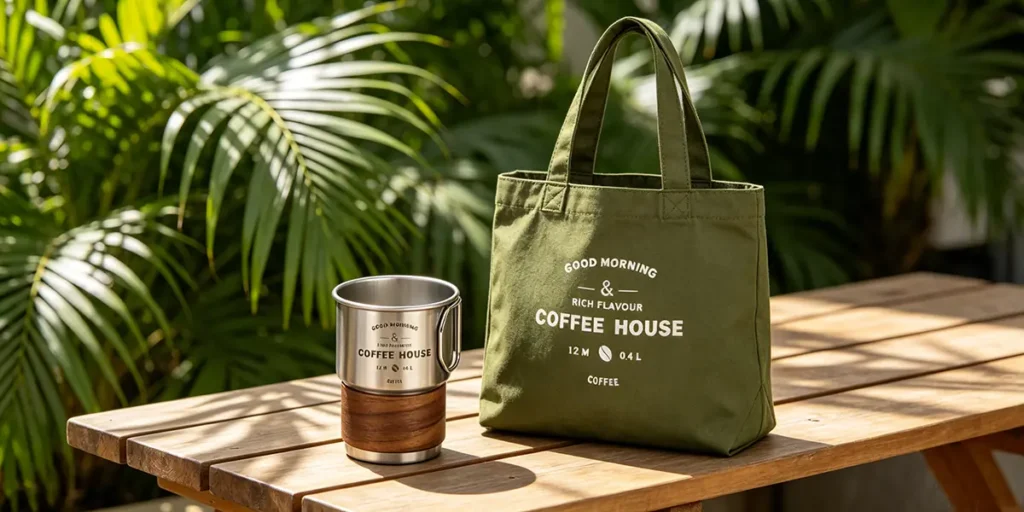 A sustainable summer lifestyle employee gift kit featuring an olive green heavy canvas tote bag printed with "GOOD MORNING & RICH FLAVOUR COFFEE HOUSE", alongside a matching stainless steel insulated travel coffee mug wrapped in a natural walnut wood sleeve, beautifully arranged on a wooden terrace table under bright sunlight with tropical palm leaves.