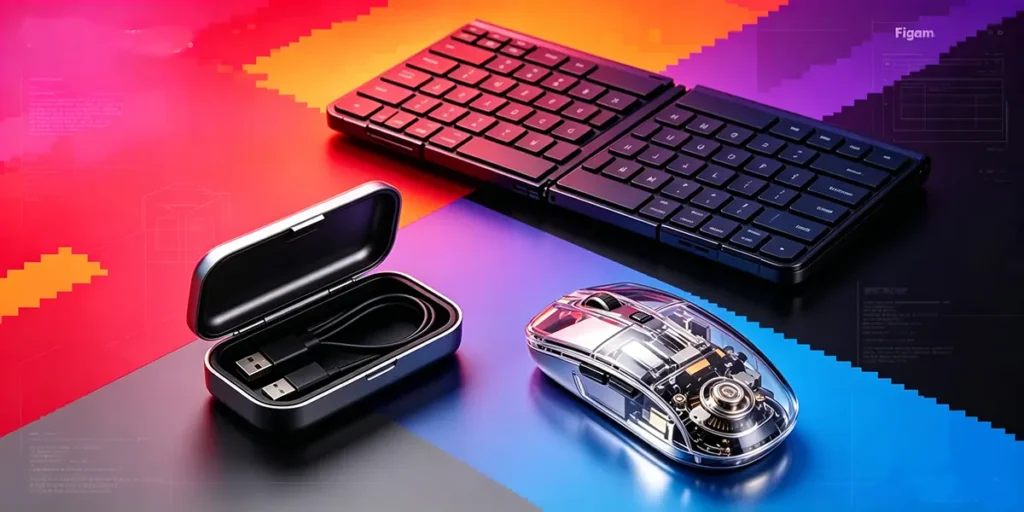 Tech conference gifts for Figma featuring a matte black foldable mechanical keyboard, a translucent-shell wireless mouse, and a cable organizer box on an aurora color-blocked background.