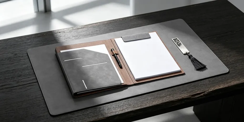 An elegant and professional employee onboarding kit for financial services or law firms, featuring an extended grey leather desk pad with built-in wireless charging, an open grey leather multi-functional portfolio folder with white notepad sheets and a premium pen, and a polished stainless steel hollow geometric bookmark with a black tassel, precisely organized on a dark rustic oak executive desk.
