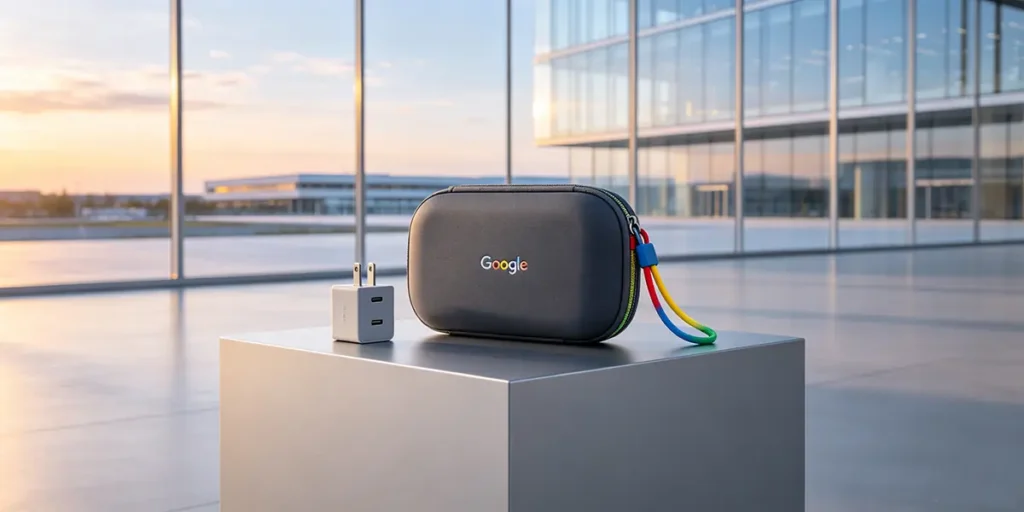 Luxury custom dark grey tech organizer pouch with Google logo and iconic four-color gradient waterproof zipper, paired with a sleek dual-port wall charger on a modern metallic display podium in a sunlit tech campus office background.