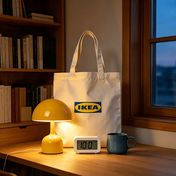 A bespoke IKEA corporate anniversary gift kit showcasing a minimalist cream-colored canvas tote bag with the blue and yellow IKEA logo, paired with a modern yellow mushroom desk lamp casting warm light, a sleek white digital alarm clock, and a speckled slate-blue ceramic mug, presented in a minimal space with teal and grey color-blocked walls.