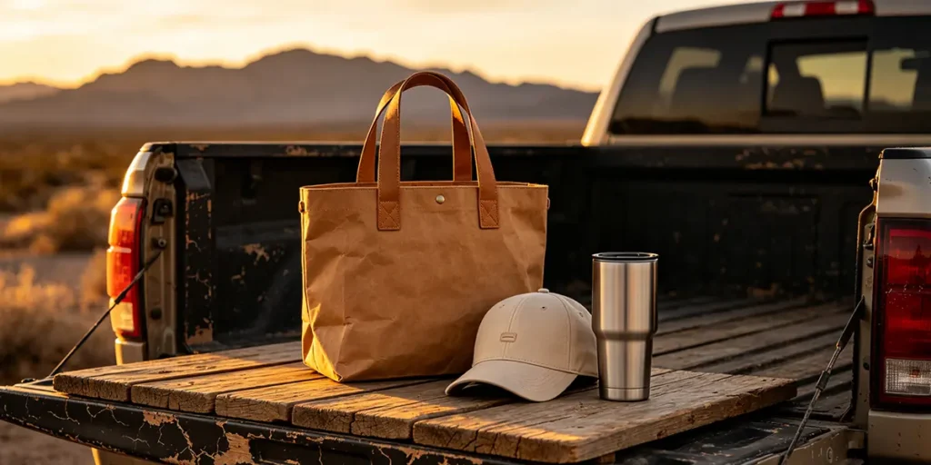 Heavy-duty recycled coffee-ground canvas tote bag with leather handles, a beige cotton baseball cap, and a matte double-wall stainless steel travel tumbler on a wooden truck bed at sunset.