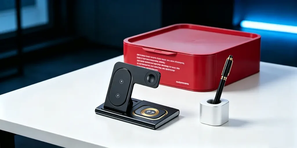 Modern multi-device wireless charging dock, minimal aluminum pen stand, and a vibrant red PP desktop storage organizer box with industrial text on a white workspace.