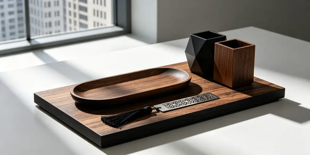 Premium dark walnut desk valet tray, wooden pen holder, and geometric laser-cut stainless steel bookmark on a clean white executive desk near a high-rise office window.