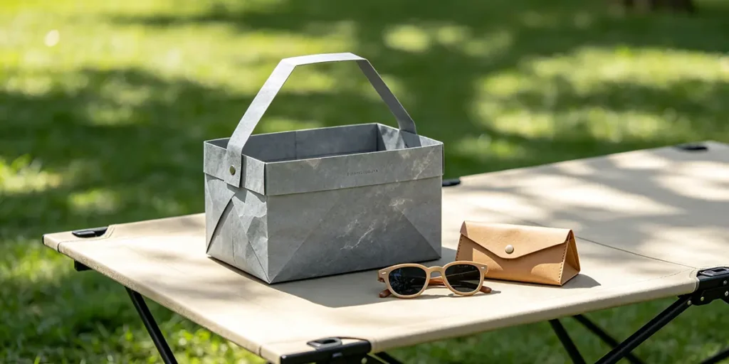 Water-resistant grey DuPont Tyvek folding picnic camp basket and a tan washable kraft paper sunglasses pouch with sunglasses on an outdoor folding camp cot.