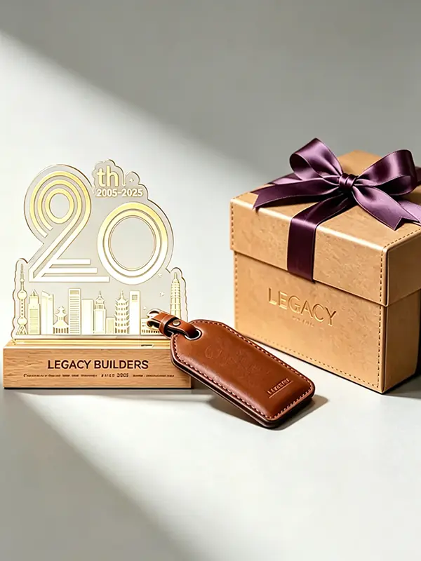 Bespoke 20th corporate anniversary gift set by InnoSelect Gift featuring a custom light-acrylic milestone trophy on a wooden base, a premium brown leather luggage tag, and a gold-stamped luxury gift box with a purple ribbon under serene gallery-grade natural slanting light.