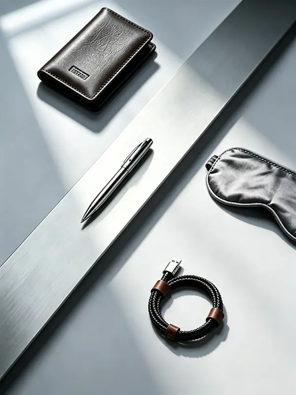 Premium B2B executive VIP travel gift kit by InnoSelect Gift showcasing a seamless silver titanium fountain pen, a textured dark brown leather wallet, a rugged braided USB charging cable with leather accents, and a grey silk eye mask dynamically arranged on a brushed metal architecture base with soft cinematic shadows.