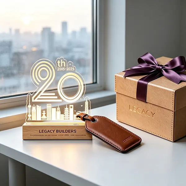 A premium corporate milestone celebration gift package, featuring a high-transparency custom acrylic geometric "20" trophy titled Legacy Builders with an engraved city skyline silhouette on a natural wooden base, paired with a top-grain tan leather luggage tag and a heavy kraft paper luxury gift box tied with a rich satin purple ribbon, sitting on a soft-lit cream platform.