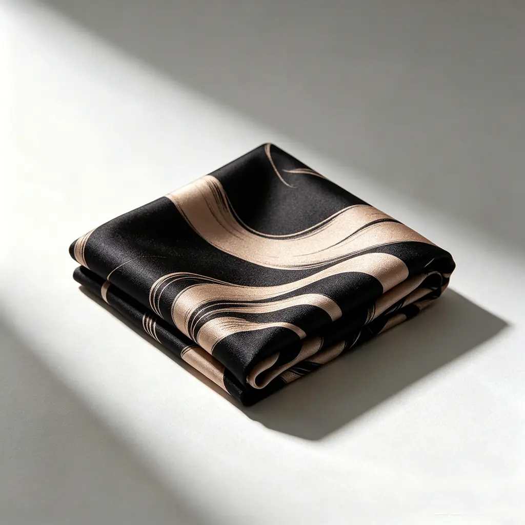 An exquisitely folded premium corporate luxury silk scarf with a low-saturation black and gold abstract pattern, displayed as a fabric sculpture on a minimalist studio background with soft window shadows.