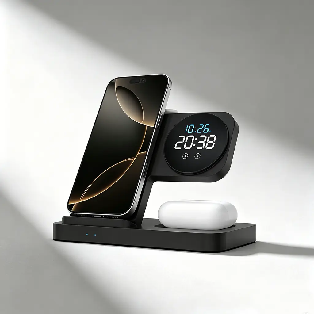 An ultra-minimalist matte black B2B corporate tech gift dock with integrated digital clock, charging a smartphone on a clean grey-white background with elegant long shadows.