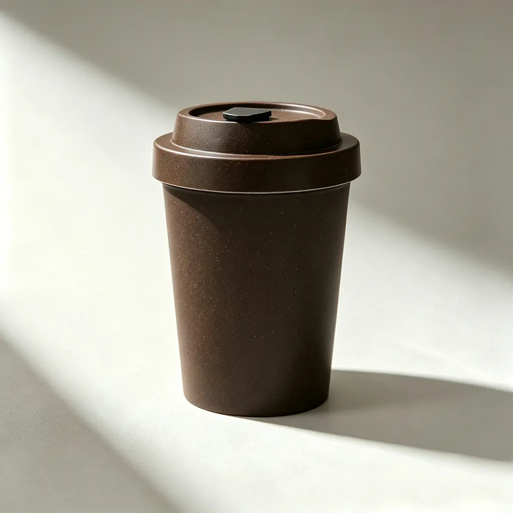 A sustainable eco-friendly corporate gift coffee tumbler made from certified circular bamboo fiber composite, showing natural organic textures on a white clean background with directional light.