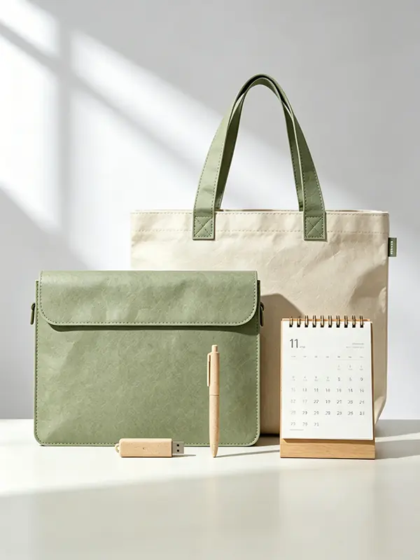 Sustainable ESG corporate gift set curated by InnoSelect Gift featuring a water-washed green Kraft paper laptop sleeve, a matching eco-friendly tote bag with olive handles, a bio-texture ballpoint pen, a matching USB drive, and a minimalist wooden desktop calendar under bright museum-quality natural light.