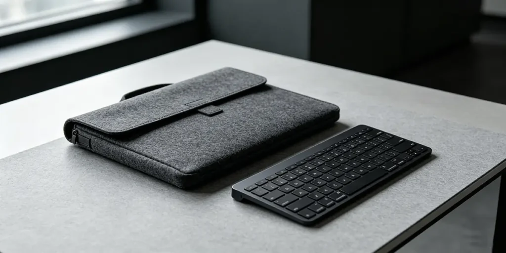Thick charcoal grey recycled PET felt laptop sleeve protective case sitting next to an ultra-slim black wireless mechanical keyboard on a matte grey composite transit desk.