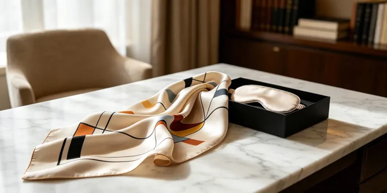 High-end corporate gifts for client visits, vibrant heavy-momme silk long scarf with Bauhaus abstract geometric color-blocking pattern and a matching soft beige silk sleep eye mask resting on a luxury white marble desk.