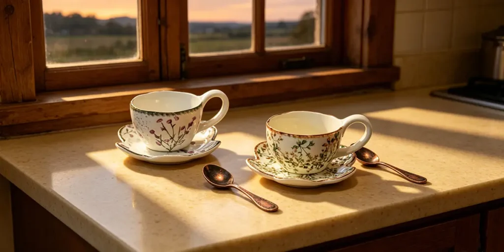 Corporate VIP gift sets with two artisanal reactive glaze ceramic espresso cups and saucers with scalloped floral edges and matching antique pure copper stirring spoons on a sunlit kitchen countertop.