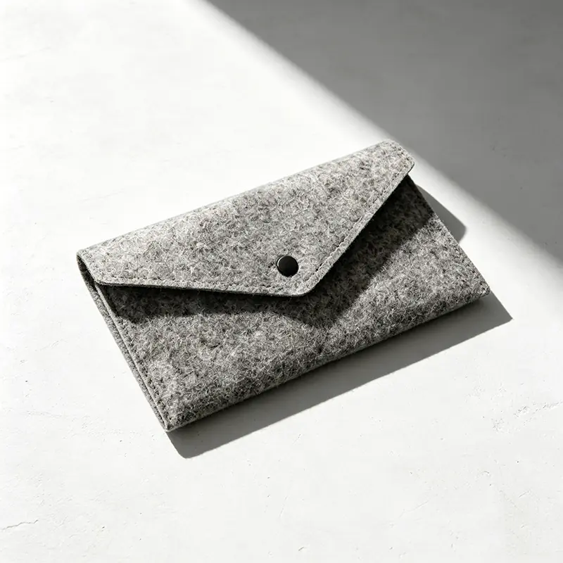 Minimalist document envelope sleeve made from premium recycled heather gray felt with a black metal snap fastener, showcased on a white concrete surface under crisp architectural lighting for high-end sustainable corporate tech gifts.