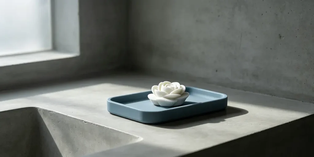 Matte slate-blue silicone vanity washbasin tray holding a hand-sculpted white unglazed ceramic camellia flower aroma oil diffuser stone on a raw micro-cement countertop.