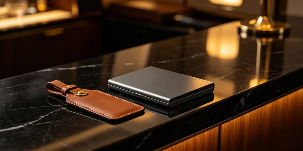 Shot-blasted matte titanium finish business card case and a premium stitched tan leather luggage travel tag with brass hardware on a dark marble hospitality bar counter.