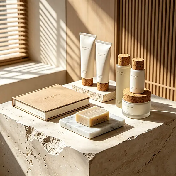 A prestige corporate gift solution for luxury hospitality clients, featuring an artisan hard-shell guest directory manual bound in textured orange-peel recycled paper, a bar of natural mineral soap on a raw marble rectangular tray, and premium cork-accented botanical lotion bottles, displayed on a weathered limestone vanity table with elegant wooden louvers reflecting sunlight.