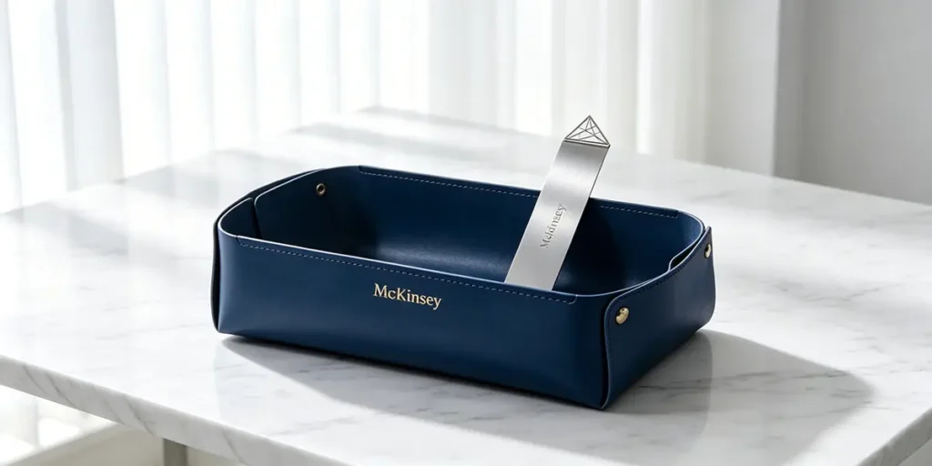 Bespoke McKinsey Blue premium saddle leather desk valet tray with gold brass snaps, holding an ultra-thin gray titanium bookmark with laser-cut geometric pyramid logo, arranged on a luxury white marble office desk under morning sunlight.
