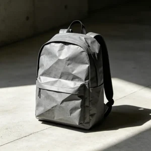 High-contrast crisp product photography of a light gray minimalist commuter backpack made of durable DuPont Tyvek paper fabric, showcasing artistic crinkled textures and structural lines.