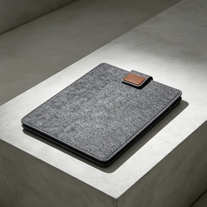 Sleek tech protective sleeve crafted from durable eco-friendly charcoal gray felt with a brown leather accent closure tab, sitting on a solid micro-cement monolithic block with sharp geometric shadows.