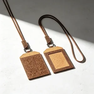 Pair of premium corporate ID badge holders with matching lanyards, made from Mediterranean natural cork and coffee grounds composite material, highlighting sustainable workplace identity.