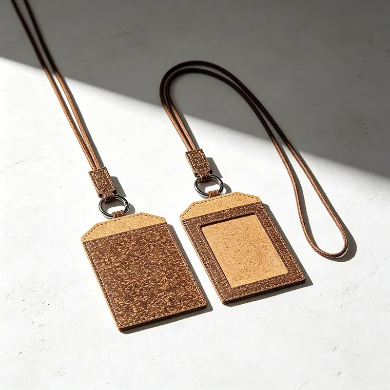 Pair of premium corporate ID badge holders with matching lanyards, made from Mediterranean natural cork and coffee grounds composite material, highlighting sustainable workplace identity.