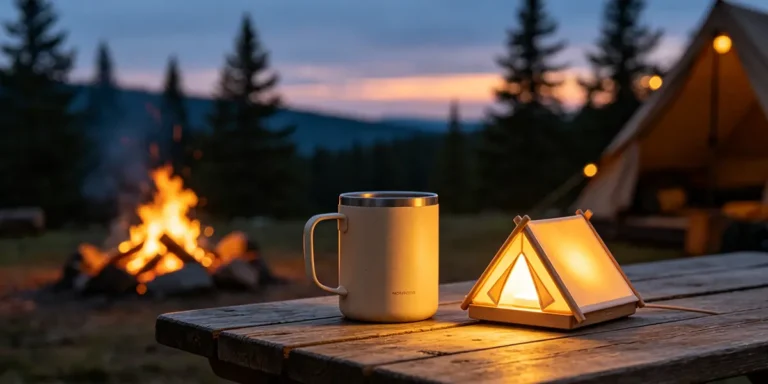 Brand activation gifts for Oatly US featuring a retro tent night light and an oatmeal-colored travel tumbler on a rustic wood camping table at sunset.