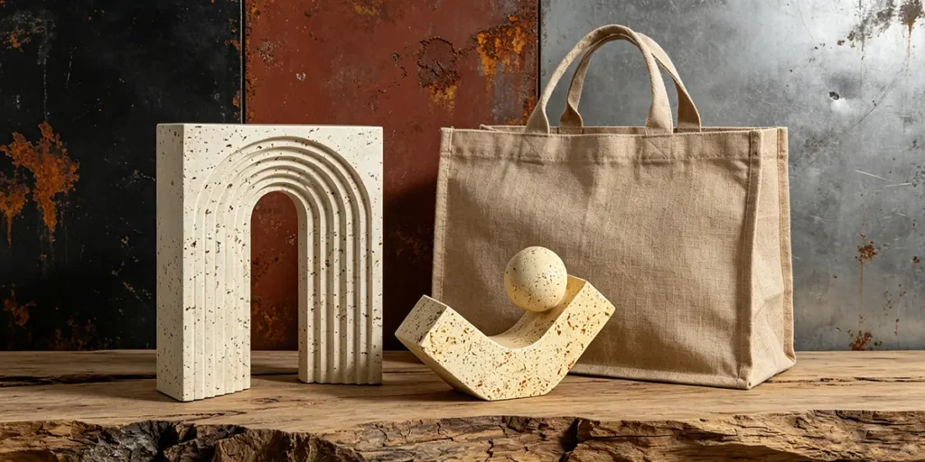 VIP gifts for Olson Kundig architecture firm featuring a geometric faux-travertine arched bookend, a travertine hook desk sculpture, and a raw linen tote bag against a carbon steel background.