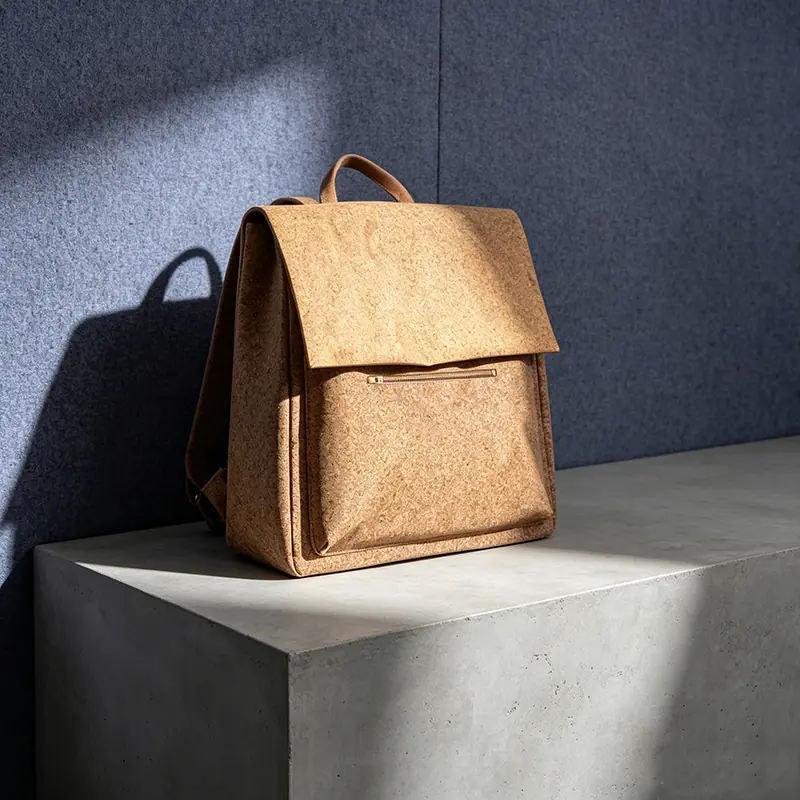 Architectural presentation of a luxury minimalist backpack made of warm natural cork fabric, standing on a monolithic micro-cement block against a deep blue acoustic felt wall.