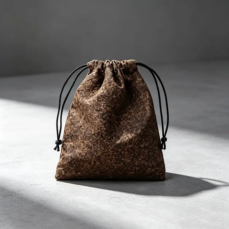 Premium drawstring pouch crafted from recycled coffee grounds coating fabric, displaying an organic leather-like dark brown texture and crisp geometric shadows on a plaster background.