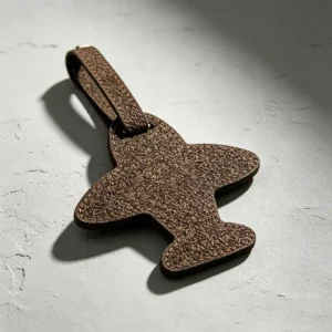 Airplane-shaped premium luggage tag made of recycled coffee grounds with precise stitching details, showing a rich matte dark brown organic aesthetic for corporate executive travel gifts.