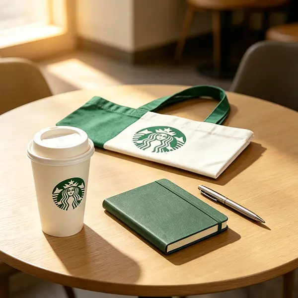 An eco-friendly Starbucks corporate anniversary milestone gift framework, featuring a green and white recycled canvas tote bag, a white ceramic coffee tumbler with green logo, a deep forest green leather-bound executive notebook, and a sleek metallic pen, organized on a wooden table in a coffee shop bathed in warm sunlight.