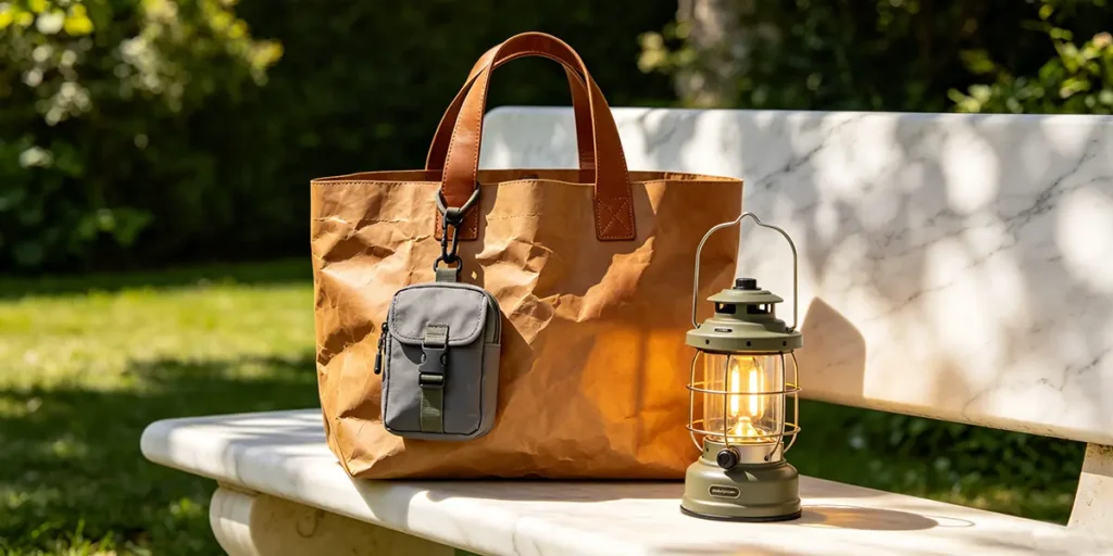 A luxury summer corporate gift set for employees featuring a heavy-duty brown washable kraft paper tote bag with leather handles, a grey tactical waterproof utility pouch clipped to the bag, and an olive green vintage-style LED camping lantern lit with warm glowing light, beautifully placed on a white marble bench outdoors with lush green foliage.