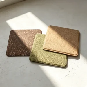 Trio of minimalist square office coasters made from natural cork, upcycled green tea, and recycled coffee grounds, showcasing clean material contrast and geometric shadows for sustainable workspace decor.