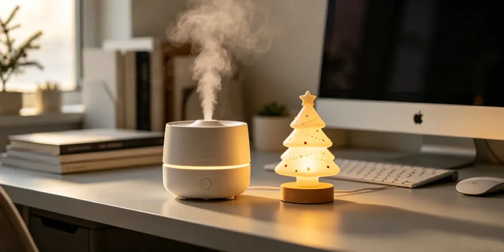 A cozy winter holiday employee gift set for a tech company workstation, featuring a minimalist off-white tabletop humidifier emitting gentle steam mist next to a small lit ceramic Christmas tree nightlight on a wooden desk, with an Apple iMac computer, keyboard, mouse, and books blurred in the background under soft afternoon window light.