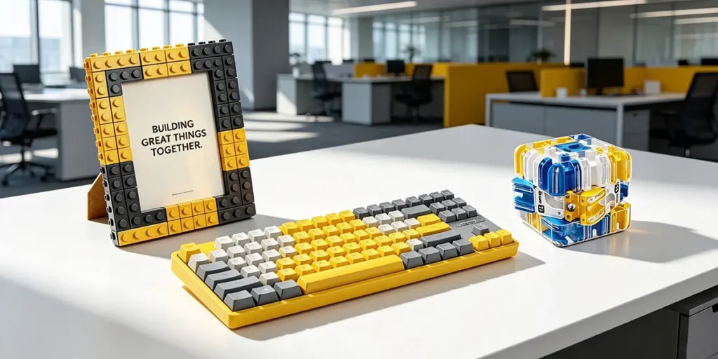 A high-end corporate welcoming gift set for tech company employees featuring a yellow and grey building-block photo frame with the text "BUILDING GREAT THINGS TOGETHER.", a matching custom mechanical keyboard, and a futuristic blue and yellow 3D marble maze cube, all neatly arranged on a clean white office desk with a modern open-space workspace blurred in the background.